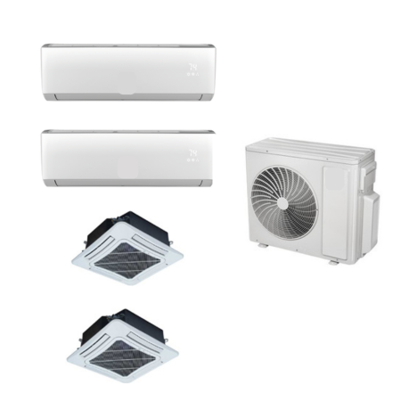 one mini split outdoor condenser with 2 indoor ceiling cassettes and 2 indoor wall mounted air handlers.